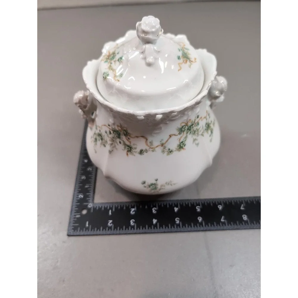 Antique Hermann Ohme Eglantine Porcelain Covered Sugar Bowl Germany Floral Gold